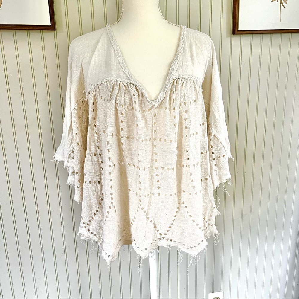 Free People Summer of Lovin White Linen Oversized Boho Top Bone